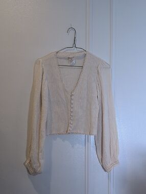 Vintage Cotton Cream V-Neck Button Front Women's Top